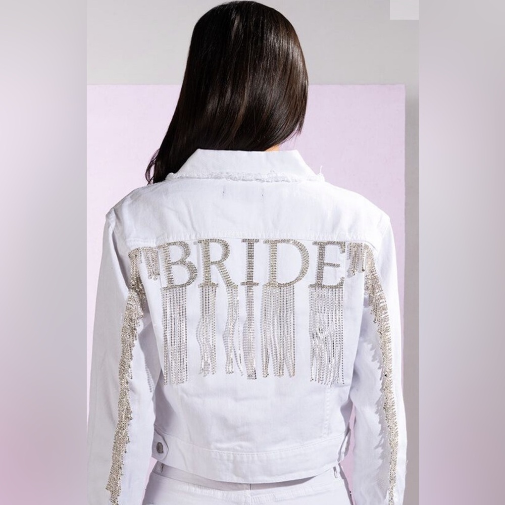 Brand New!! White Denim Rhinestone Fringed Trimmed Denim Jacket